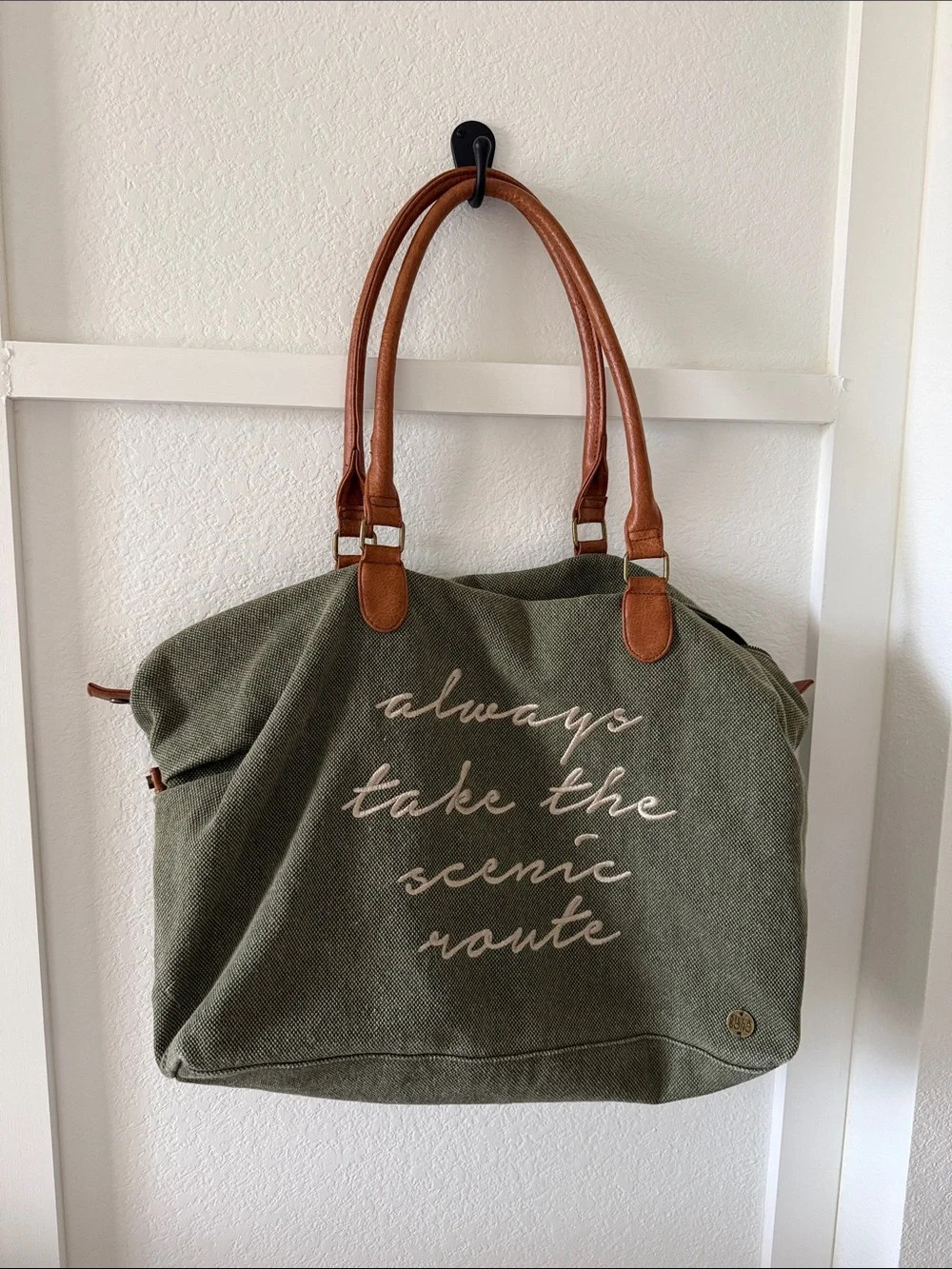 Large Billabong Olive Canvas Tote Bag with Brown Leather Handles